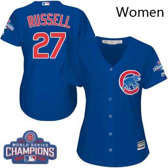 Womens Majestic Chicago Cubs 27 Addison Russell Authentic Royal Blue Alternate 2016 World Series Champions Cool Base MLB Jersey